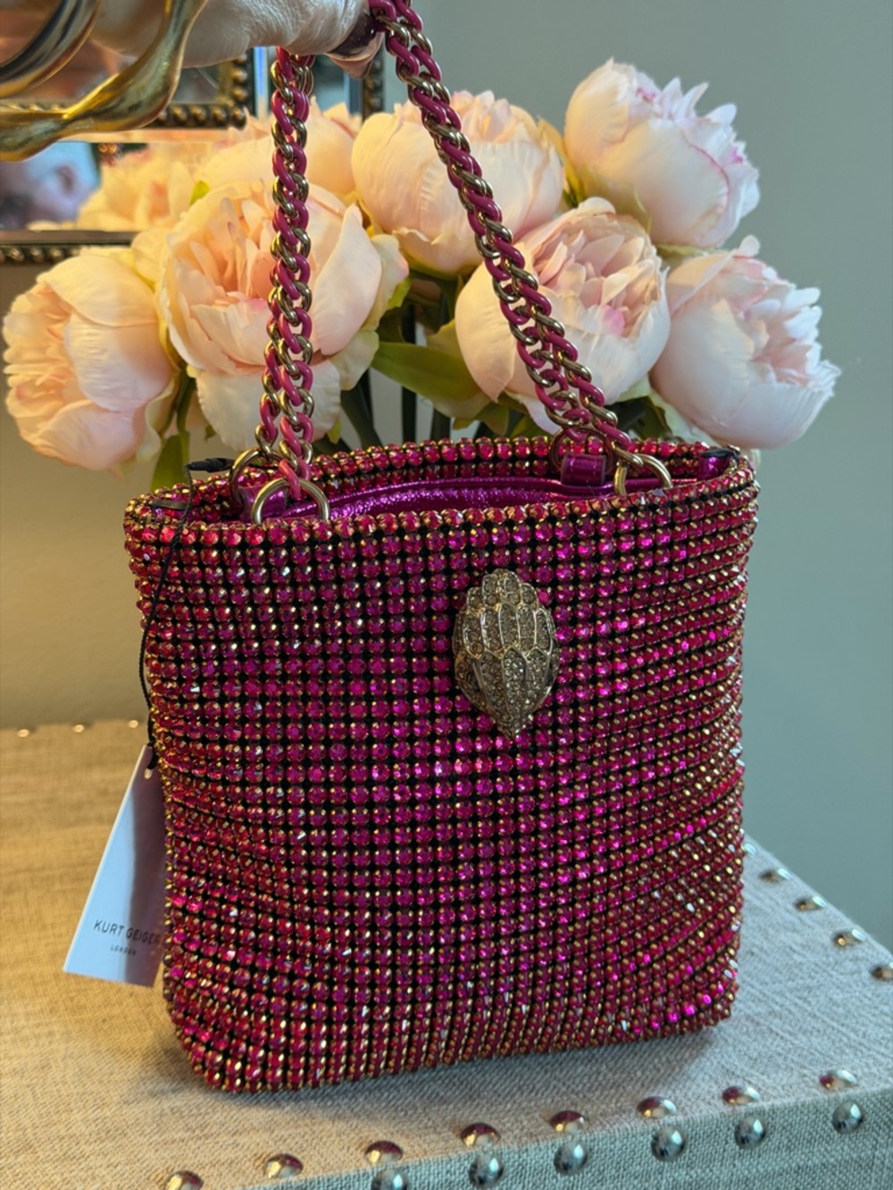 NWT Kurt Geiger Showstopper Pink Crystal Embellished Mini Tote Gold Double Chain - Picture 7 of 10